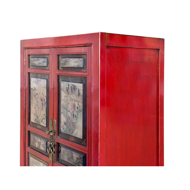 Vintage Oriental Red Beige People Scenery Graphic Storage Cabinet For Sale - Image 9 of 14