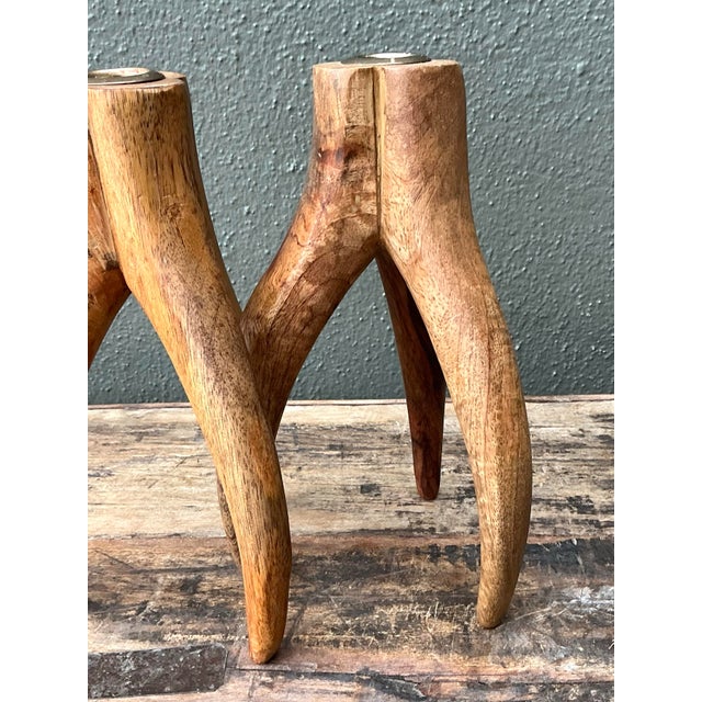 Brass Vintage Carved Wood and Brass Antler Candlesticks - A Pair For Sale - Image 8 of 12