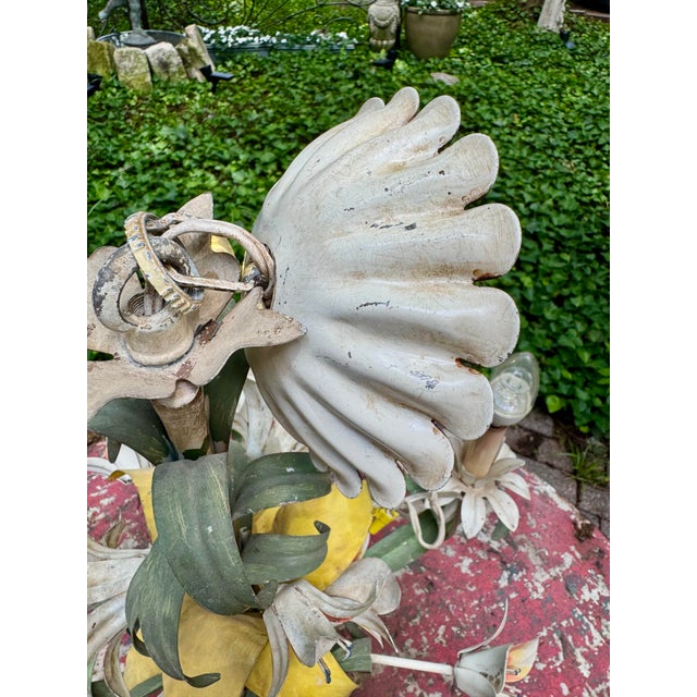 Metal Vintage 1960’s Italian Hand Painted Polychrome 5 Arm Metal Tole Chandelier With Lilies For Sale - Image 7 of 12