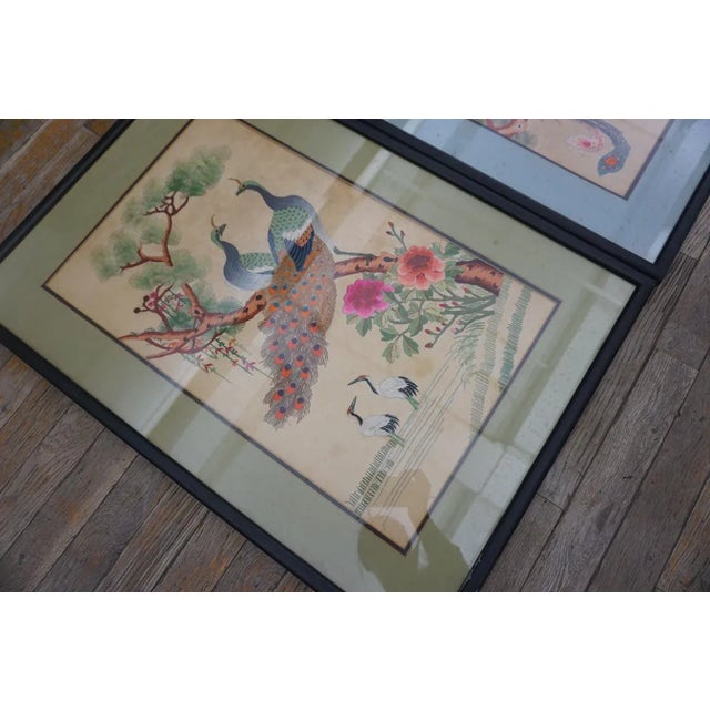 Wonderful Ivory Color With Floral Design Antique Set of Silk Embroidery of Peacock & Phoenix For Sale - Image 10 of 15