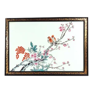Chinese Porcelain Framed Famille Rose Plaque of Birds With Prunus and Cherry Trees