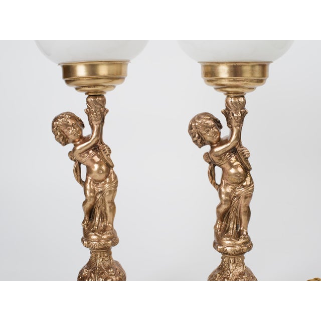 Mid-Century Modern 1950s Spanish Neo-Classical Cast Brass Cherubs / Putti Table Lamps With Opal Glass Shades - A Pair For Sale - Image 3 of 12