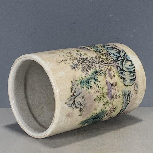 Ceramic Famille Rose Crackle Glaze Porcelain Brush Pot With Landscape Scene For Sale - Image 7 of 9
