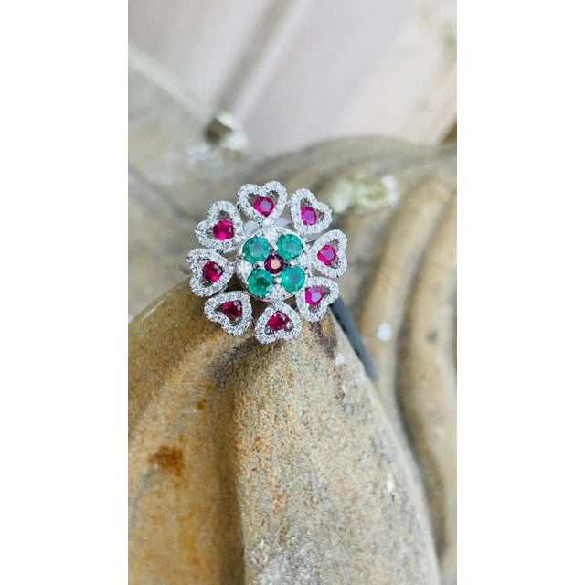 Not Yet Made - Made To Order Solid 14k Gold Ruby Emerald and Pave Set Diamond Bohemian Chic Flower Ring Size 11 For Sale - Image 5 of 7