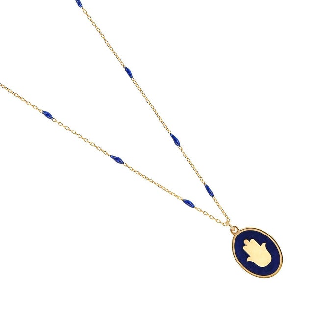 Early 21st Century Positive Energy Hamsa Gold & Blue Chain Necklace For Sale - Image 5 of 6