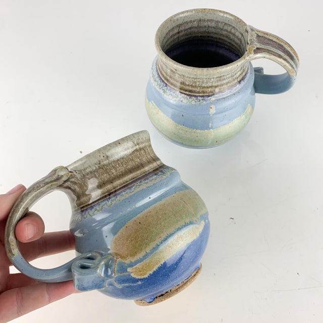 Ceramic Vintage Studio Drip Glaze Smith Green, Blue & Gray Coffee Tea Mugs Set, Signed- a Pair For Sale - Image 7 of 11
