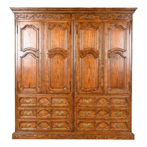 Baker Furniture French Provincial Louis XV Carved Oak Double Armoire Dresser or Linen Press, Circa 1960s