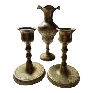 1970s Brass Trio of Desk Accessories Candleholders and Vase For Sale