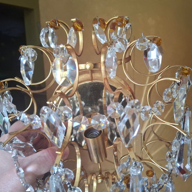 Luxe 1950's Hollywood Regency 24k Plate Frame Austrian Crystal 1/2 Orb Wall Sconces Attributed to Palwa a - Pair For Sale - Image 9 of 17