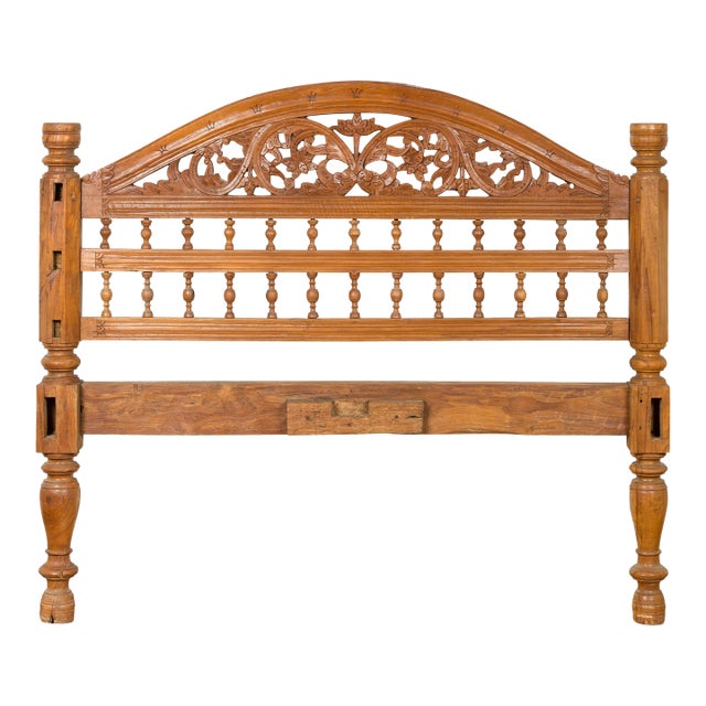 Mid 20th Century Indonesian Carved Scrolling Foliage & Petite Balusters Headboard For Sale