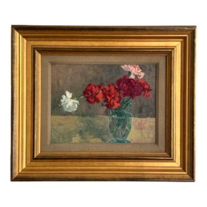 Vintage Original Oil on Board Still Life Red, Pink & White Carnations in Blue Glass Vase