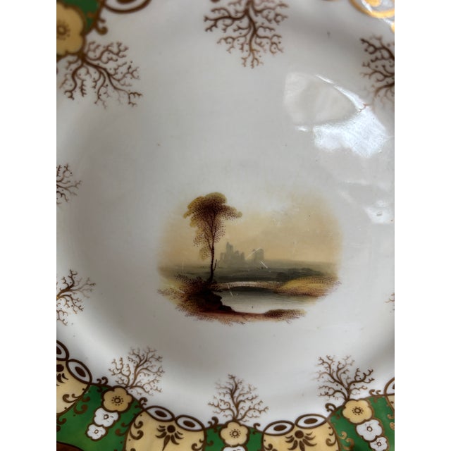 Antique Green & Gilt Porcelain Plates Scenic Victorian C 1900 Gold Scalloped - Set of 10 For Sale - Image 10 of 12