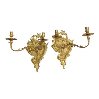 19th Century Ornate French Rococo Gilt Bronze Wall Sconces - A Pair For Sale