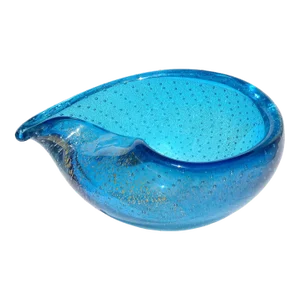 Murano Vintage Sapphire Blue Gold Flecks Control Bubbles Italian Art Glass Tear Water Drop Dish Bowl