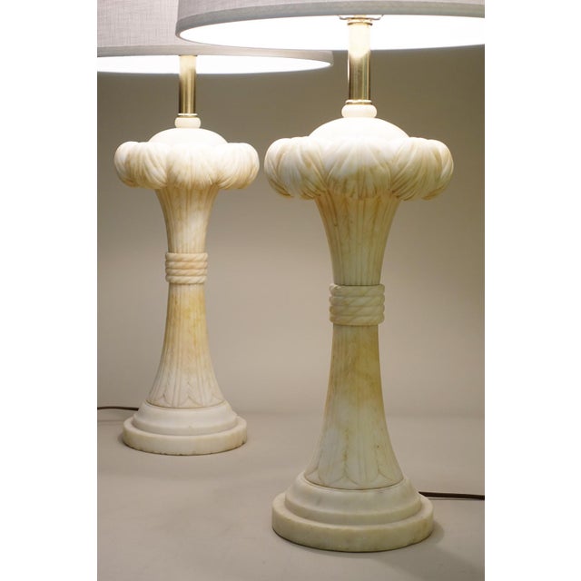 Dorothy Draper 1940s Dorothy Draper Hollywood Regency Modern Solid Marble Palm Column Table Lamps - a Pair For Sale - Image 4 of 11