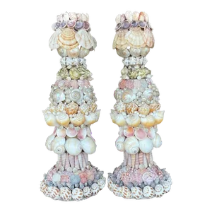 Vintage Coastal Shell Encrusted Candlesticks - a Pair
