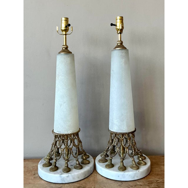Metal Vintage Regency Alabaster Lamps - A Pair For Sale - Image 7 of 7