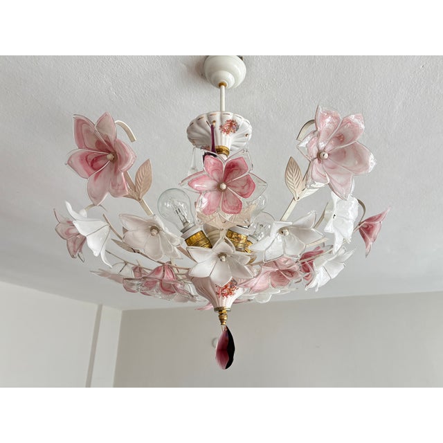 Vintage Murano Style Floral Chandelier – Romantic Pink & White Glass Bouquet Light - Pair For Sale - Image 12 of 18