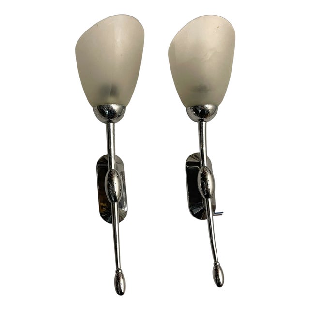 Chrome Satinated Glass Sconces, 1970s, Set of 2 For Sale