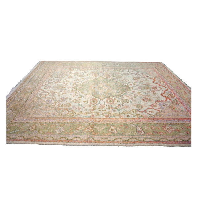Antique Turkish Oushak Wool 10x13 Olive, Ivory, & Pink Handmade Area Rug #1144268 For Sale - Image 4 of 15