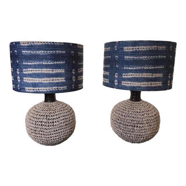 South Pacific Cowrie Sea Shell Encrusted Table Lamps Ikat Style Shades - A Pair For Sale