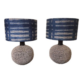 South Pacific Cowrie Shell Encrusted Table Lamps Ikat Style Shades - A Pair For Sale