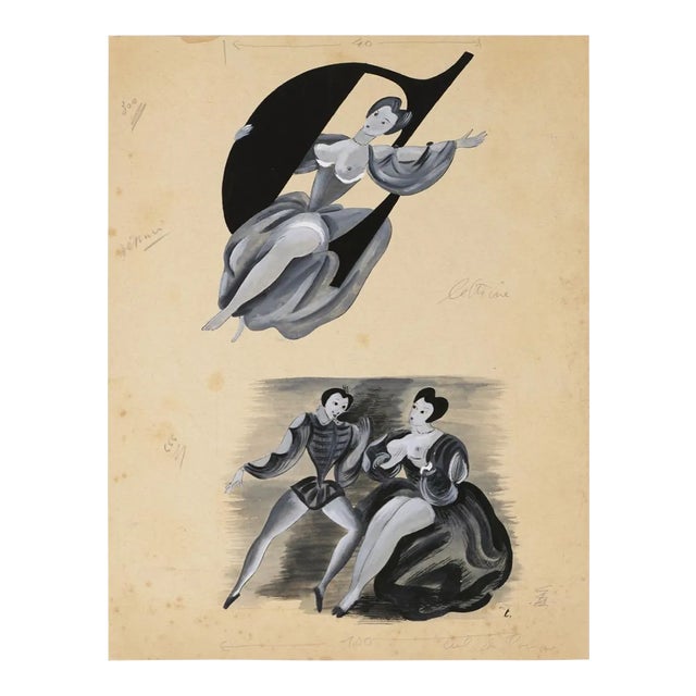 Louis Touchagues, Figures, Mixed Media Drawing,Mid-20th Century For Sale