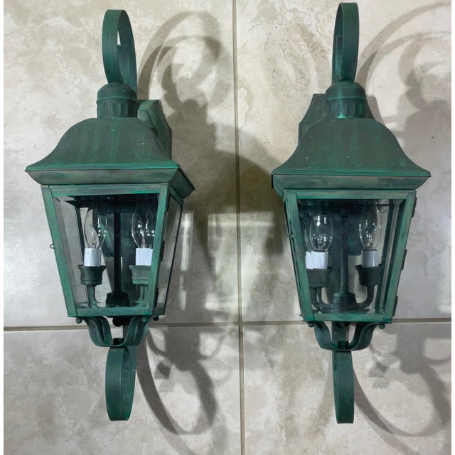 Turquoise Pair of Vintage Solid Brass Outdoor Wall Lanterns - 22”h X 7”.5 W X 7”.5 D For Sale - Image 8 of 16