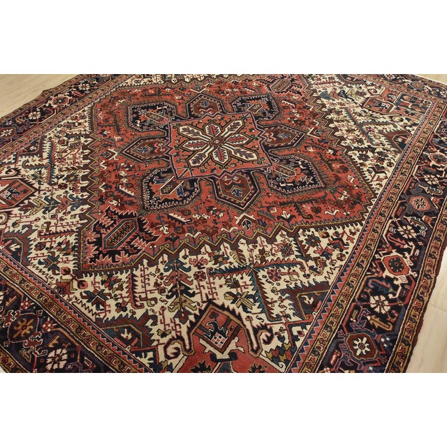 Tribal Heriz Rug 9′ X 10’5” Red Wool Vintage Tribal Hand-Knotted Oriental Carpet For Sale - Image 3 of 15