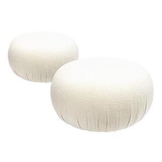 Custom Made Contemporary Modern White Boucle Wool Pouff Stool Ottomans - A Pair For Sale