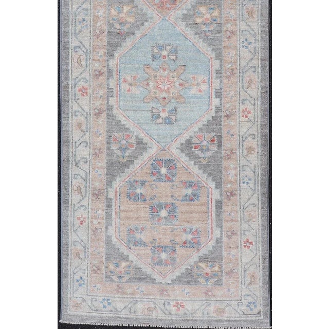 Traditional Floral Medallion Oushak Runner With Tribal Motifs and on a Gray Background For Sale - Image 3 of 13