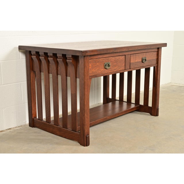 Imperial Furniture, Grand Rapids Imperial Furniture Grand Rapids Antique Mission Oak Arts & Crafts Writing Desk or Library Table, Newly Refinished For Sale - Image 4 of 12
