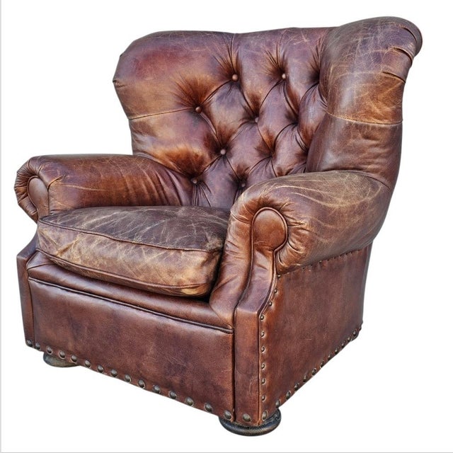 Brown Restoration Hardware Churchill Tufted Leather Armchair For Sale - Image 8 of 18