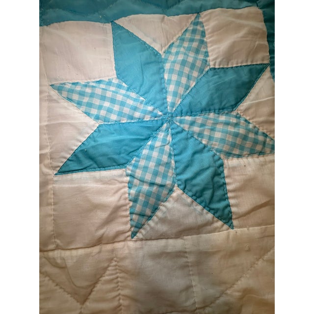 Vintage Handmade Quilted Turquoise and White Lone Star Quilt For Sale - Image 11 of 15