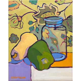 Patterned Harvest - Playful Contemporary Still Life With Green Pepper and Jar For Sale