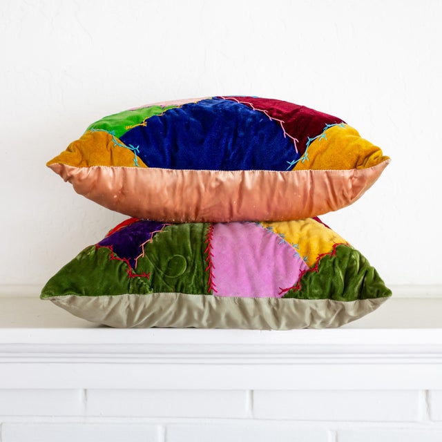 Velvet Crazy Quilt Multi Colored Patchwork Accent Pillows | Pair of Two For Sale - Image 9 of 12