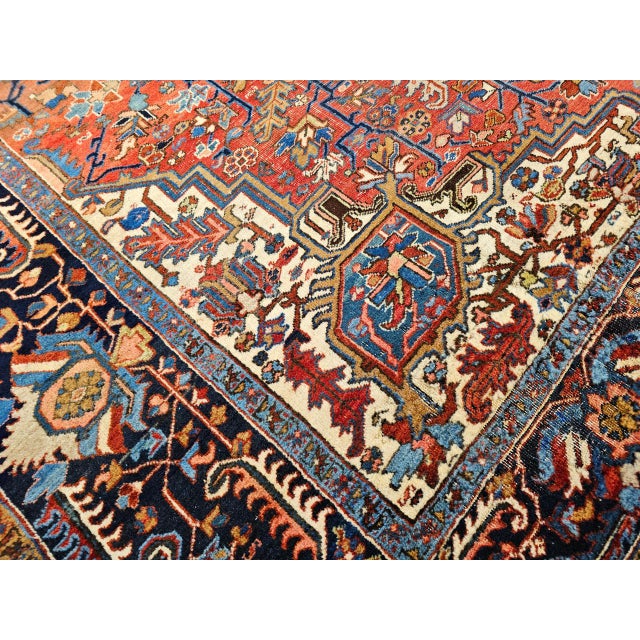Antique Heriz Karajah Rug, Hand-Knotted Wool, Geometric Pattern, Brick-Red & Navy, 11x18 For Sale In Chicago - Image 6 of 10