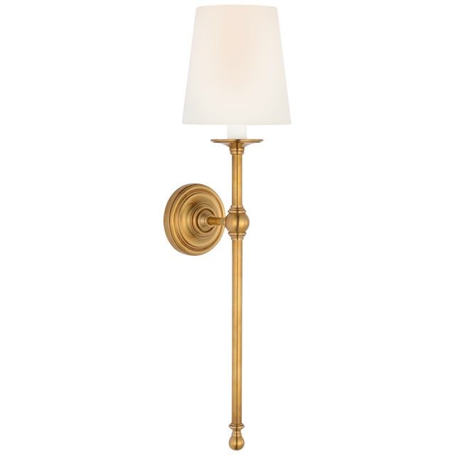 Chapman & Myers for Visual Comfort Signature Classic 27" Tail Sconce in Antique-Burnished Brass with Linen Shade For Sale