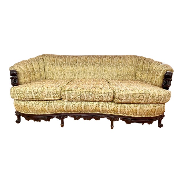Vintage Louis XV Bergere Sofa French Walnut Brocade 1930s For Sale