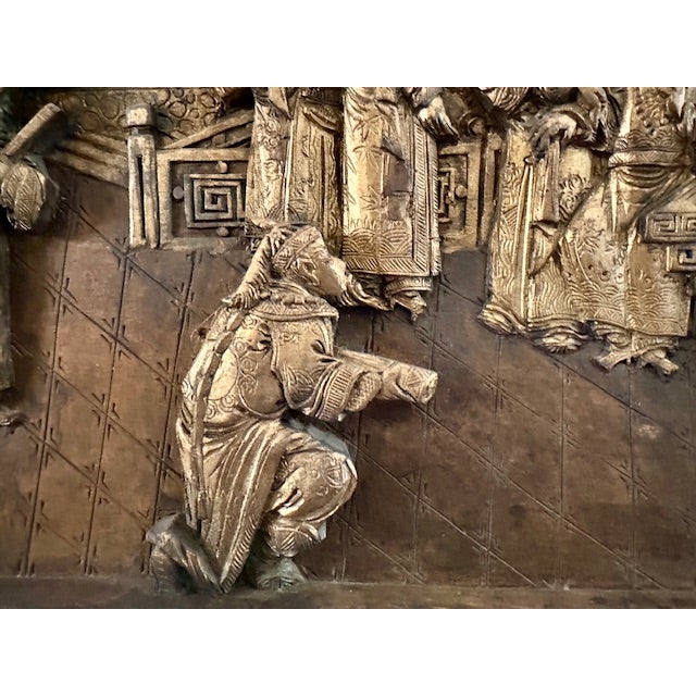 Asian Vintage Large Asian Hand-Carved Wooden Wall Hanging With Gold Relief For Sale - Image 3 of 12