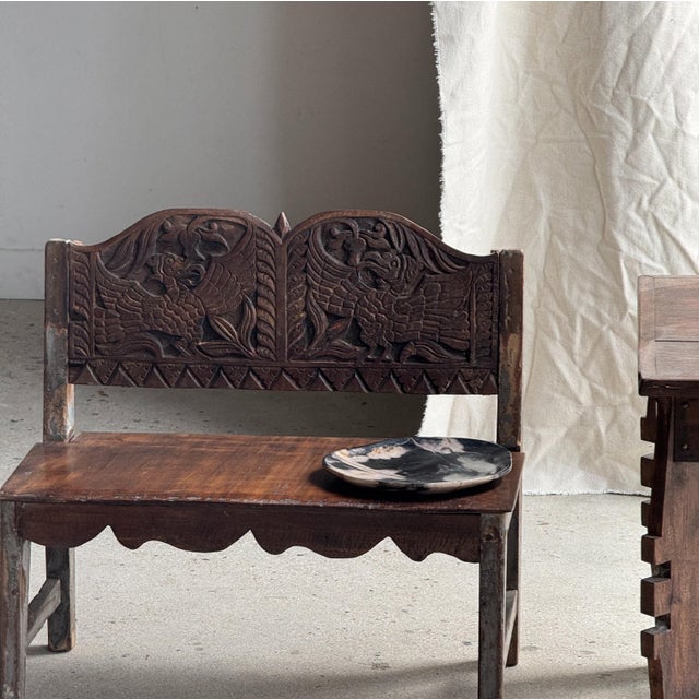 Mini Bench with Carved Backrest, 1980s For Sale - Image 15 of 18