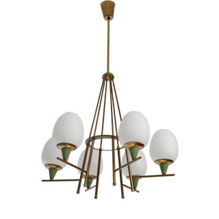 Vintage Italian Chandelier in Brass with Green-Lacquered Metal and Opaline Glass, 1950s For Sale
