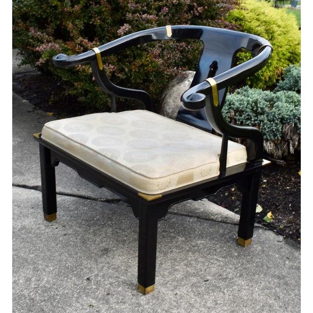 Vintage Century Chair Black Lacquer Horseshoe Ming Chair Brass Accents For Sale - Image 15 of 17