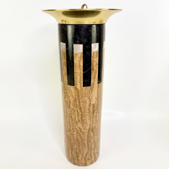 Vintage Modern Stone Candleholder Onyx Stone Marbled Brass Hollywood Regency For Sale - Image 9 of 11