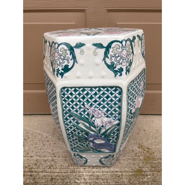 Late 20th Century Chinoiserie Floral Green and Pink Porcelain Garden Stool or Side Table For Sale In South Bend - Image 6 of 9