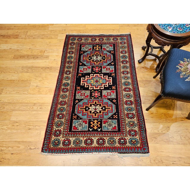 Textile Vintage Persian Kurdish Rug, Hand-Knotted Wool, Geometric Pattern, Navy & Tan, 3x5 For Sale - Image 7 of 18