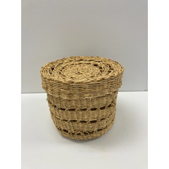 Tan Storage Basket With Lid Handwoven Lace Grass For Sale - Image 8 of 8