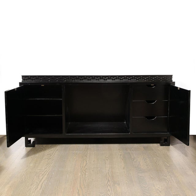 James Mont 1950s Mid-Century Sideboard in Black Lacquer With Greek Key Detail by James Mont For Sale - Image 4 of 12