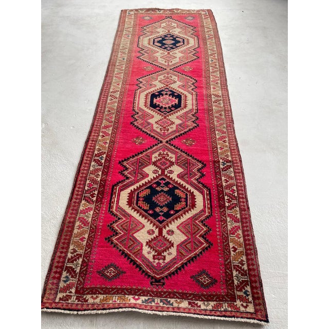 Vintage Persian Runner MAGENTA Pink, Copper Indigo Purple Rug 3.7 x 10.3 For Sale - Image 4 of 12