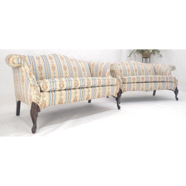 Chippendale Pair of Camelback Loveseat Blue & White Striped & Floral Upholstery MINT! For Sale - Image 3 of 18